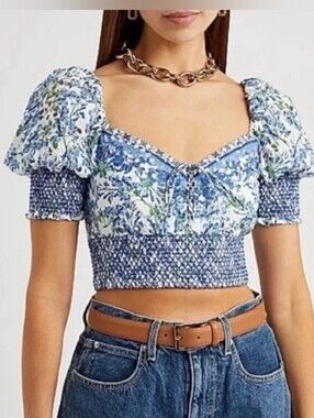 NWOT Alice And Olivia Crawford Lace Up Smocked Top Blue Floral Size XL Puff